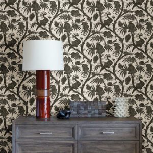 Charcoal Balinese Peacock Scalamandré Self Adhesive Wallpaper