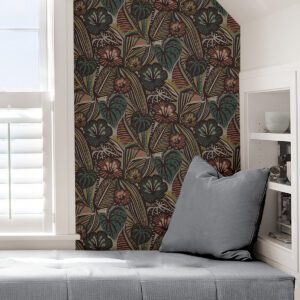 Coral Teal Lotusland Peel and Stick Wallpaper