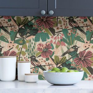 Teal Pink Jaybird Peel and Stick Wallpaper