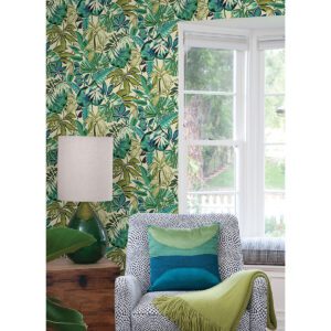 Turquoise Feuilles Peel and Stick Wallpaper