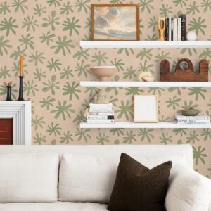 Blush and Sage Field of Flowers Peel and Stick Wallpaper