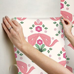 Bow Damask Pink Peel and Stick Wallpaper