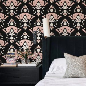Bow Damask Black Peel and Stick Wallpaper