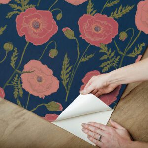 Navy Pink Poppy Field Peel and Stick Wallpaper