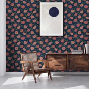 Navy Pink Poppy Field Peel and Stick Wallpaper