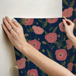 Navy Pink Poppy Field Peel and Stick Wallpaper