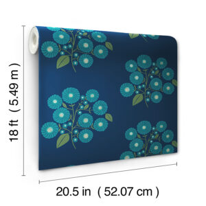 Navy Aqua StrawFlower Peel and Stick Wallpaper