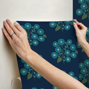 Navy Aqua StrawFlower Peel and Stick Wallpaper