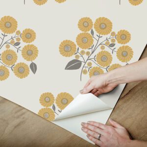 Mustard Grey StrawFlower Peel and Stick Wallpaper