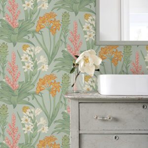 Jade & Pink Blooming Villa Peel and Stick Wallpaper