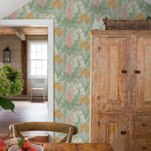 Jade & Pink Blooming Villa Peel and Stick Wallpaper