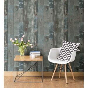 Deena Blue Distressed Wood Wallpaper