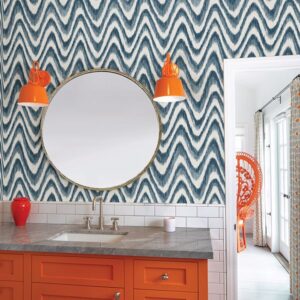 Bargello Blue Faux Grasscloth Wave Wallpaper