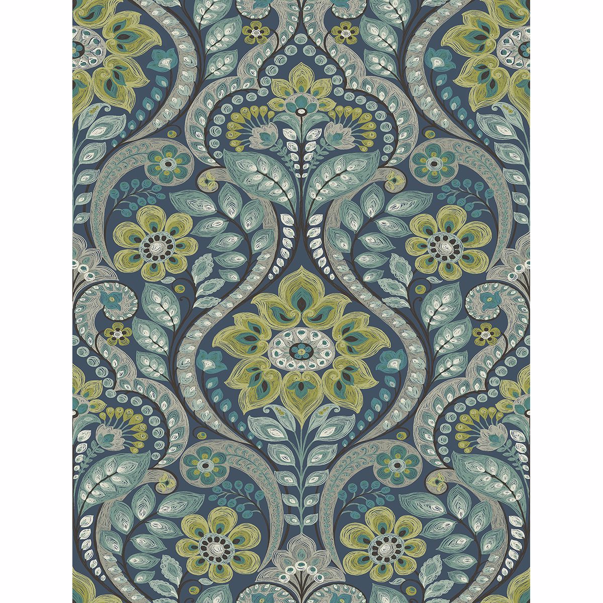 0037710 night bloom navy damask wallpaper