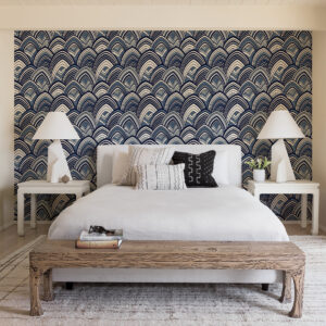 Cabarita Indigo Art Deco Flocked Leaves Wallpaper