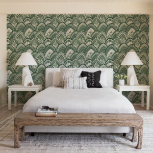 Cabarita Green Art Deco Flocked Leaves Wallpaper