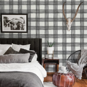 Scarborough Black Striated Plaid Wallpaper