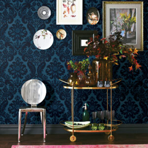 Shadow Blue Flocked Damask Wallpaper