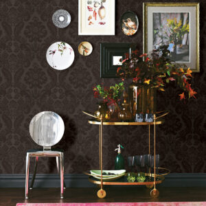 Shadow Brown Flocked Damask Wallpaper