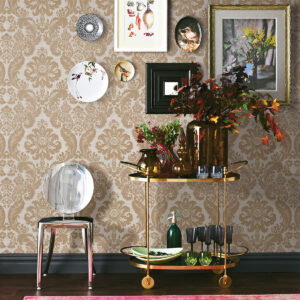 Shadow Khaki Flocked Damask Wallpaper