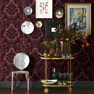 Shadow Merlot Flocked Damask Wallpaper