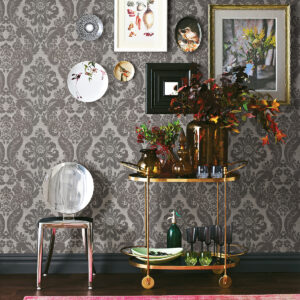 Shadow Grey Flocked Damask Wallpaper