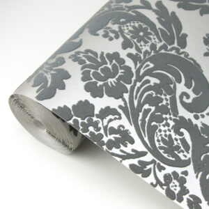 Shadow Grey Flocked Damask Wallpaper