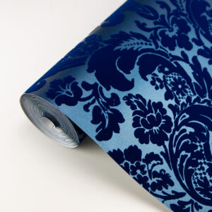 Shadow Blue Flocked Damask Wallpaper