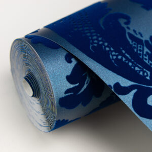 Shadow Blue Flocked Damask Wallpaper