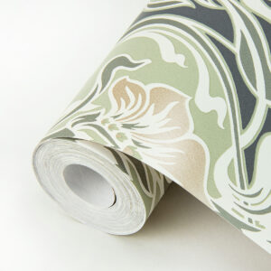 Mucha Dark Grey Botanical Ogee Wallpaper