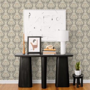 Mucha Dark Grey Botanical Ogee Wallpaper