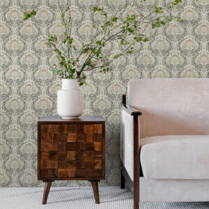 Mucha Dark Grey Botanical Ogee Wallpaper