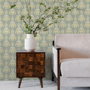 Mucha Teal Botanical Ogee Wallpaper