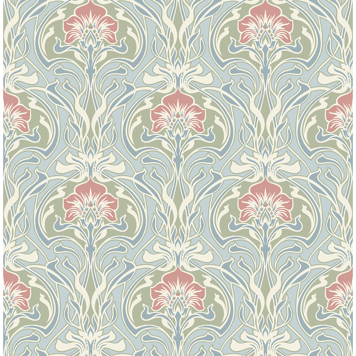 Mucha Light Blue Botanical Ogee Wallpaper