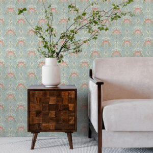 Mucha Light Blue Botanical Ogee Wallpaper