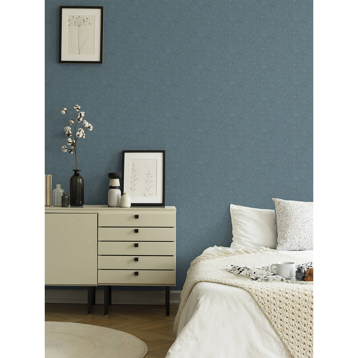 Wilma Blue Floral Block Print Wallpaper - Image 3