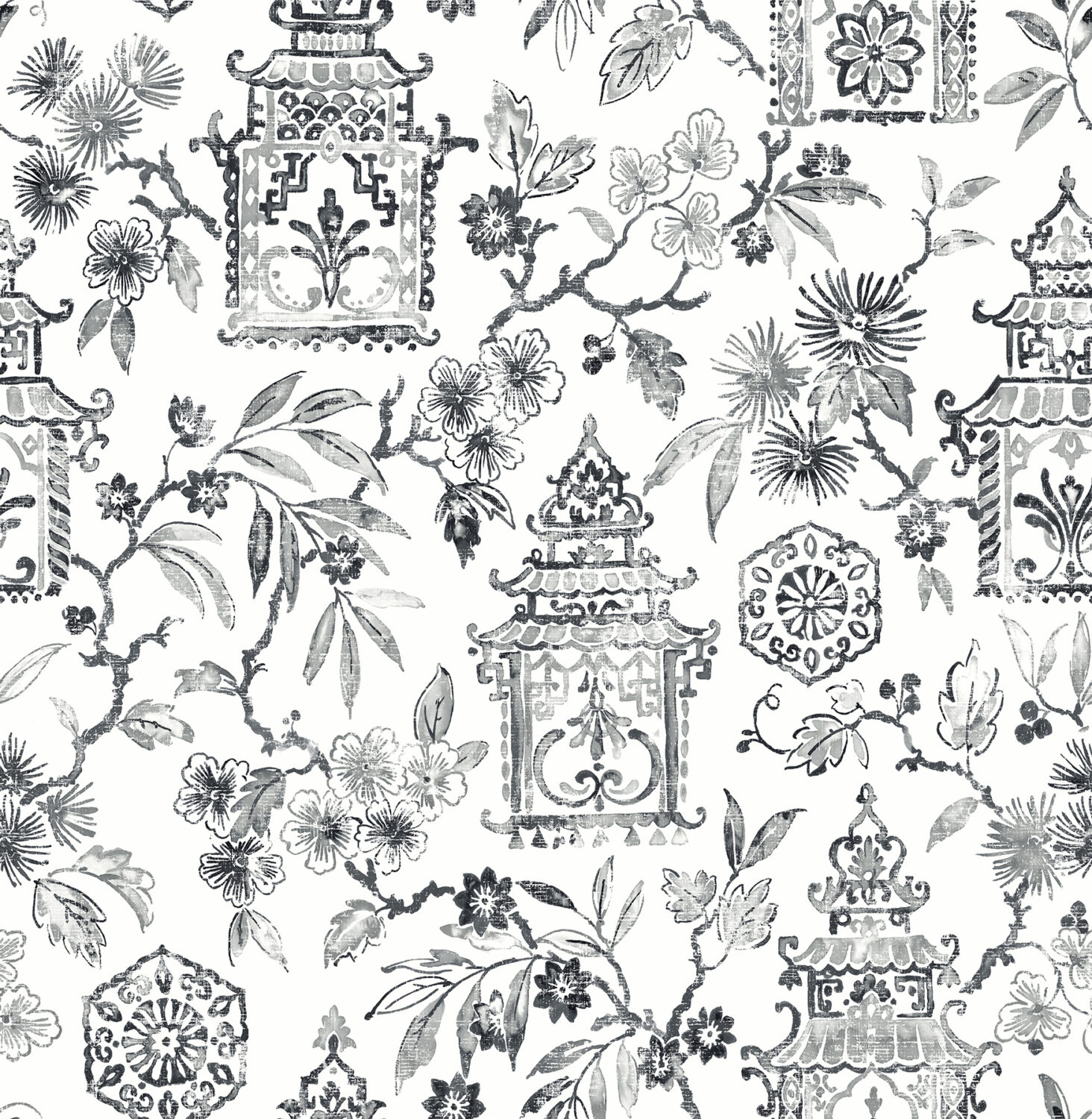 Helaine Charcoal Pagoda Wallpaper