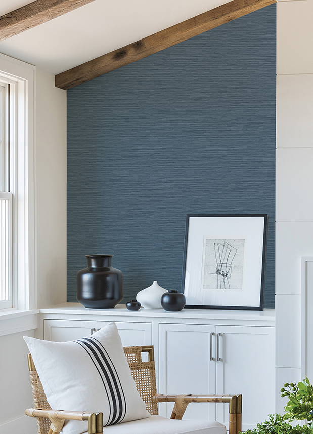 Rushmore Blue Faux Grasscloth Wallpaper - Image 2