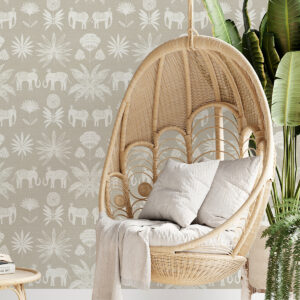 Bazaar Light Grey Elephant Oasis Wallpaper