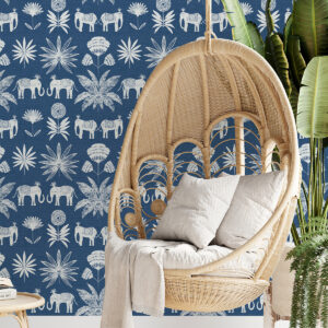 Bazaar Blue Elephant Oasis Wallpaper