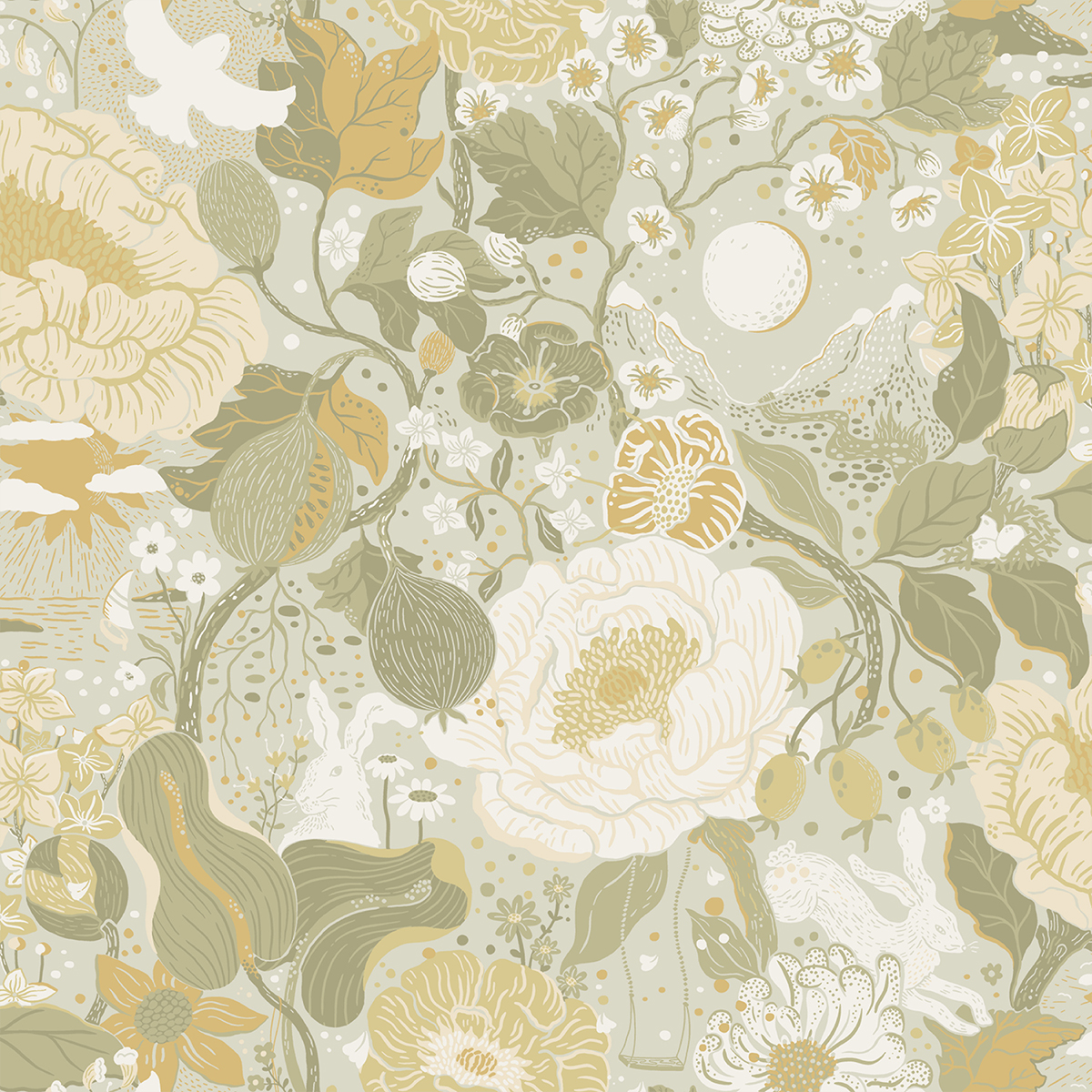 0064849 vaxa light grey rabbits rosehips wallpaper