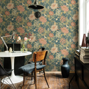 V√§xa Teal Rabbits & Rosehips Wallpaper