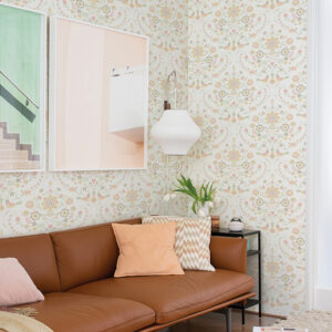Britt Peach Embroidered Damask Wallpaper