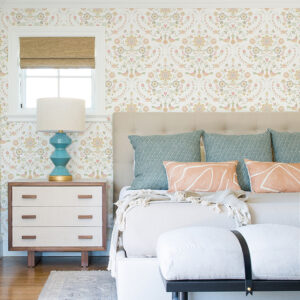 Britt Peach Embroidered Damask Wallpaper