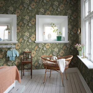 Anemone Green Floral Wallpaper