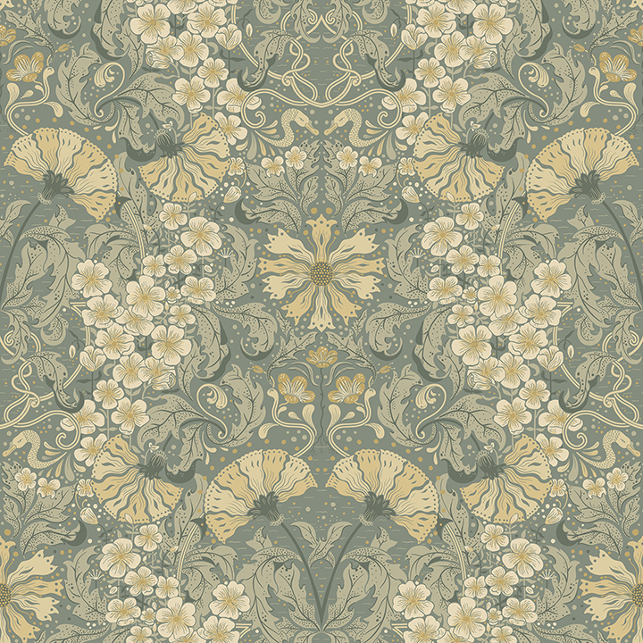 Ojvind Sea Green Floral Ogee Wallpaper