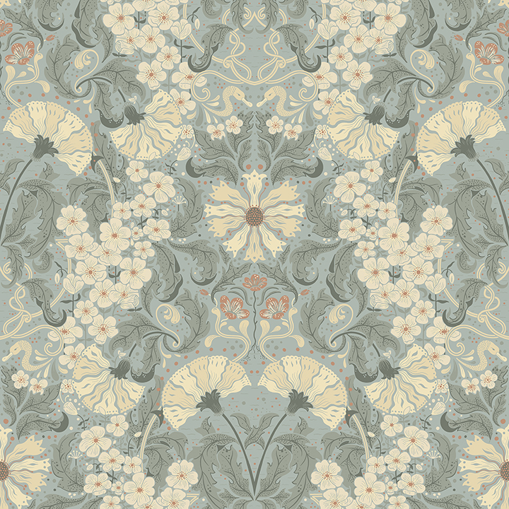 Ojvind Light Blue Floral Ogee Wallpaper
