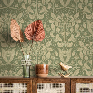 Berit Green Floral Crest Wallpaper