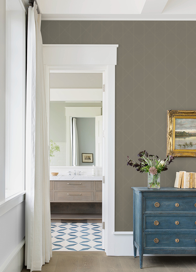 Walcott Light Grey Stitched Trellis Wallpaper - Image 2