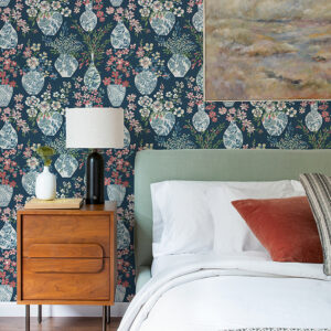 Harper Teal Floral Vase Wallpaper